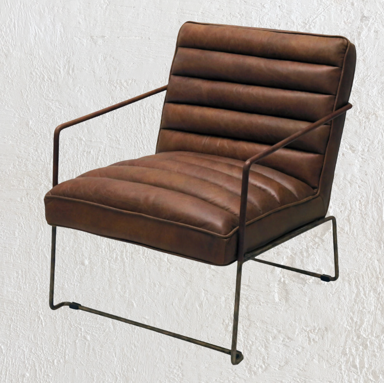 Brown leather armchair with metal frame on a white background