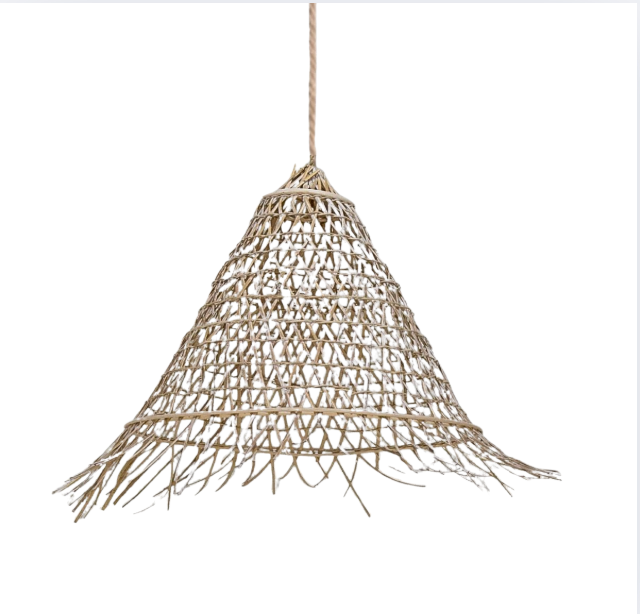 Bakari : Cone Shaped Rattan Pendant, Whitewashed Small