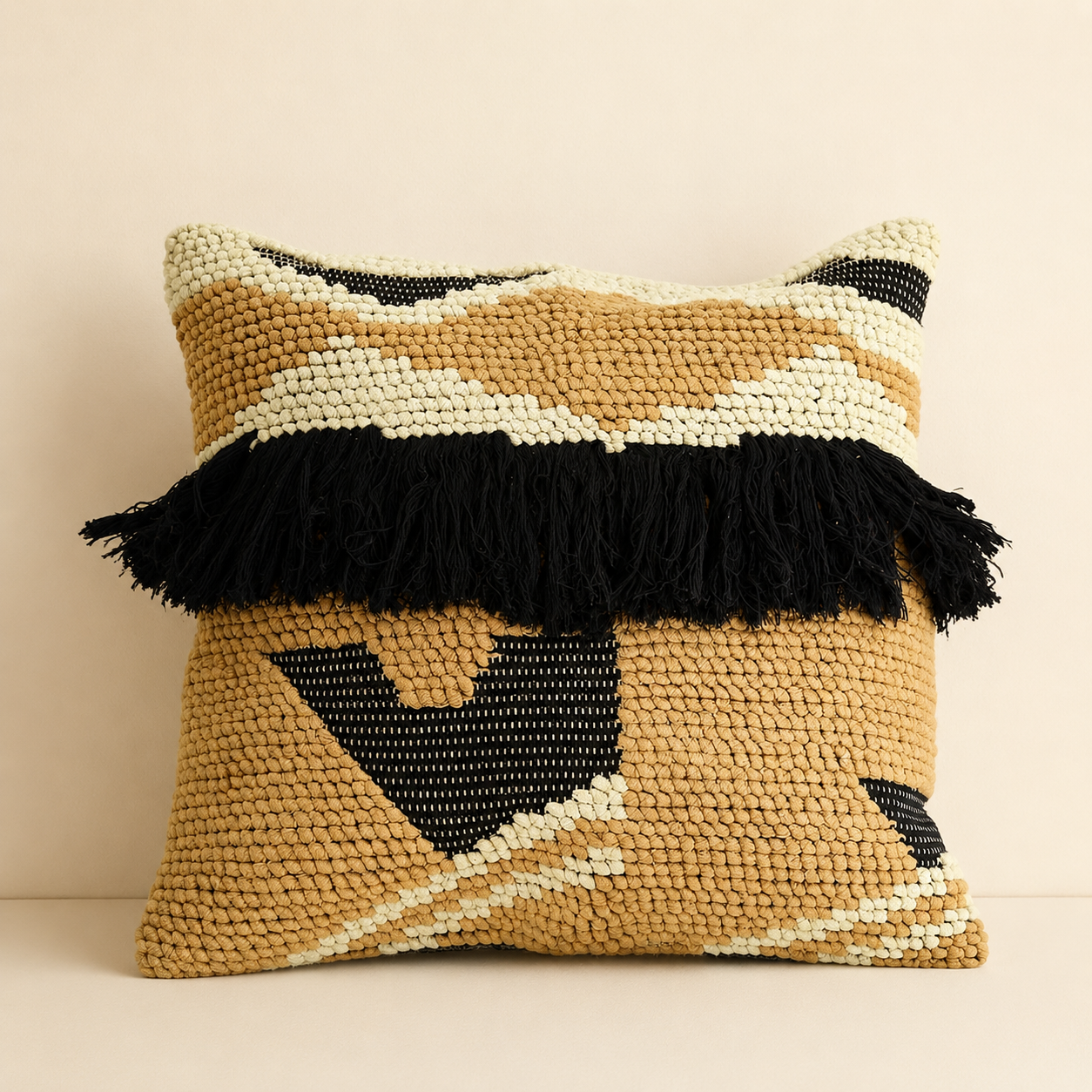 A square woven throw pillow in a tan and cream colorway with a bold black geometric pattern and a thick black fringe detail across the upper-middle section, set against a solid light beige background.