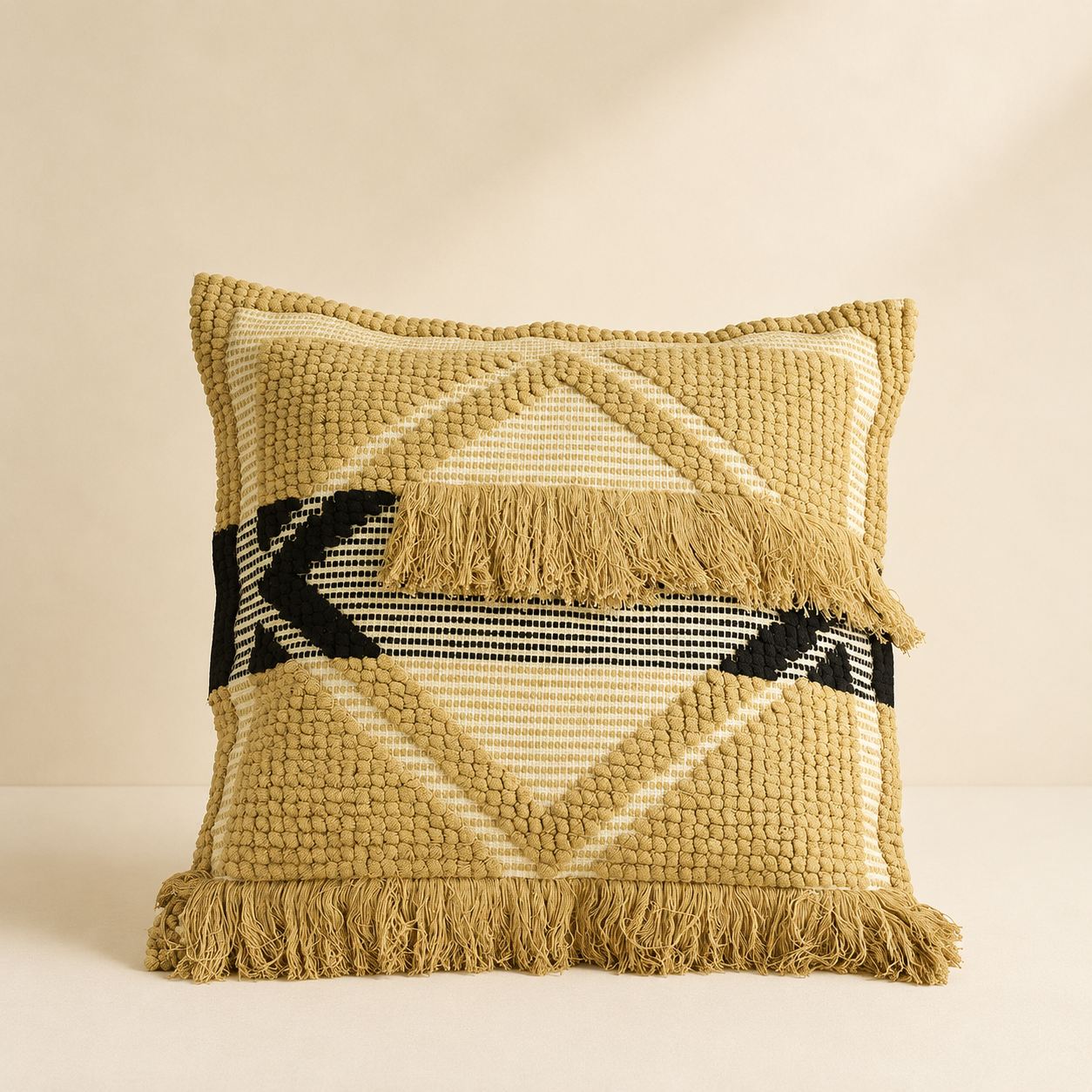 A square woven throw pillow in a warm camel beige color with cream geometric patterns, a black chevron accent band, and fringed edges, set against a solid cream background.