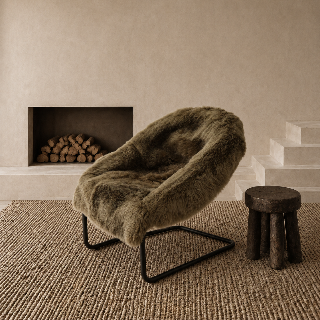 A plush, oversized lounge chair covered in a shaggy olive-brown faux fur or sheepskin-style upholstery, set in a minimalist interior with a textured rug, a small dark wooden stool, a fireplace with stacked logs, and light stone steps.