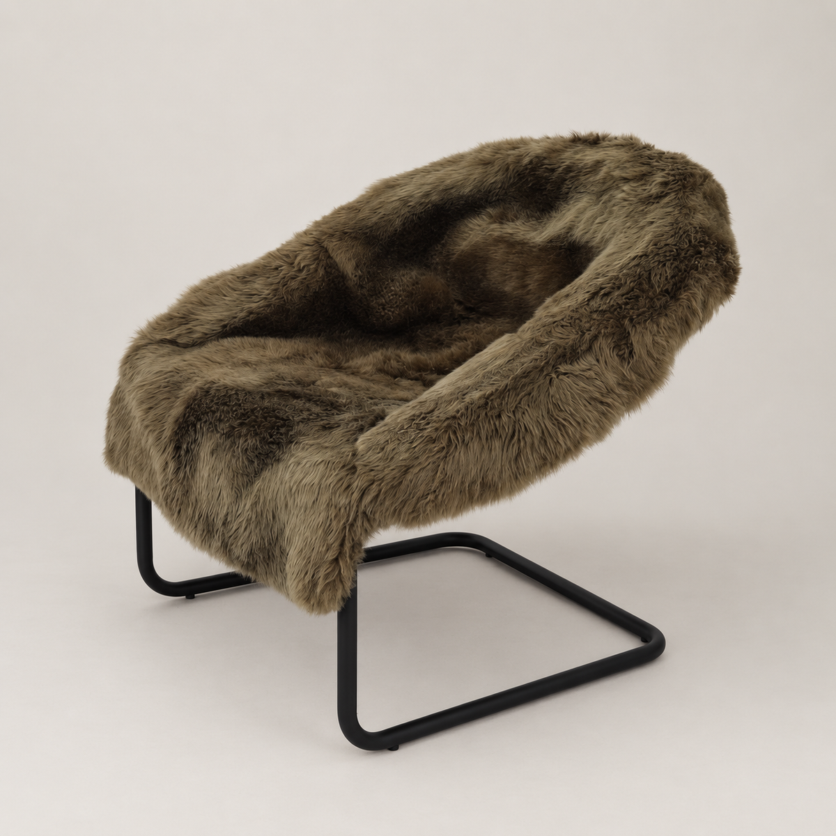 A modern accent chair featuring a plush, shaggy faux fur seat and back in a brown and gray colorway, supported by a sleek black metal cantilever frame, set against a plain light gray studio background.