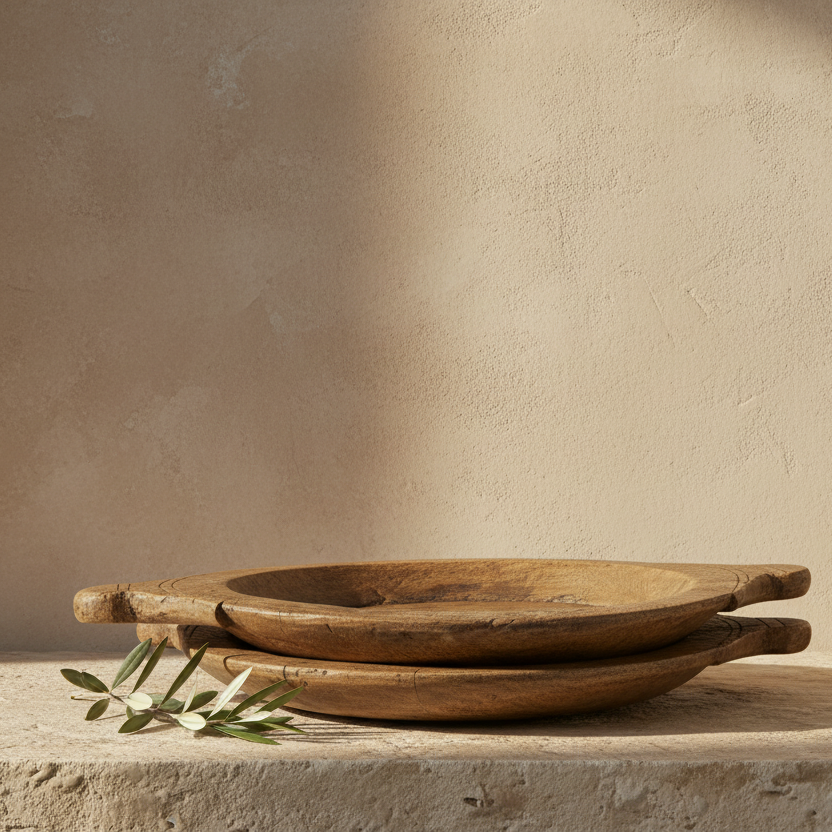 Two stacked round wooden serving platters with handles on a stone surface, styled with a small white vase on books and green leaves against a textured beige wall.
