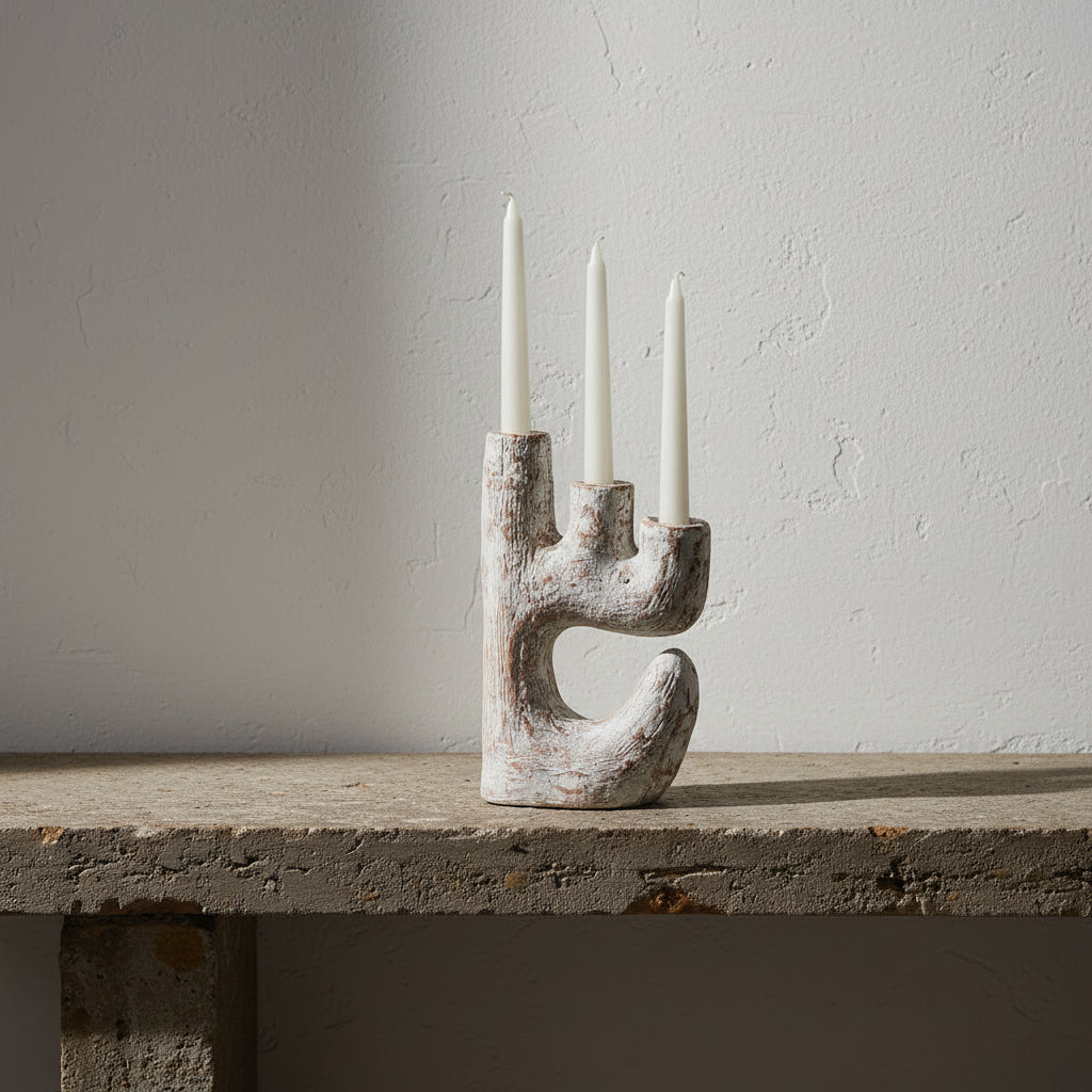 A sculptural hand-shaped candle holder in a distressed off-white finish, holding three white taper candles, set on a rustic stone ledge against a textured olive green wall.