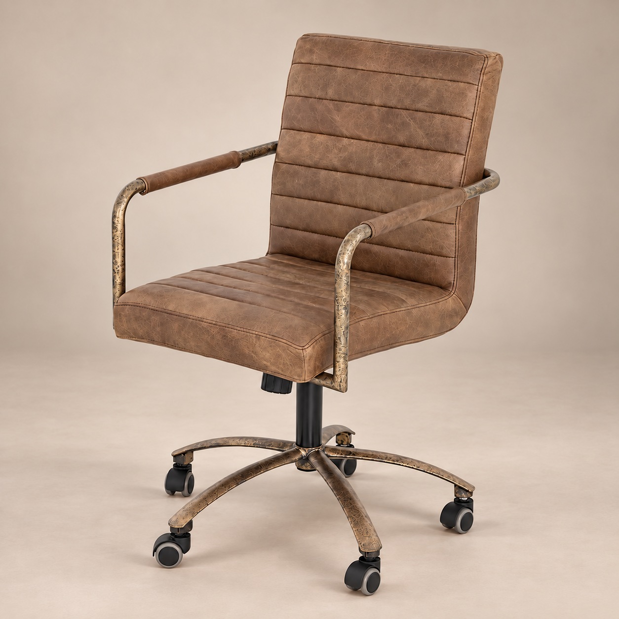 Office Chair : Rocco : Antique Leather & Brass Finish | Local Brown