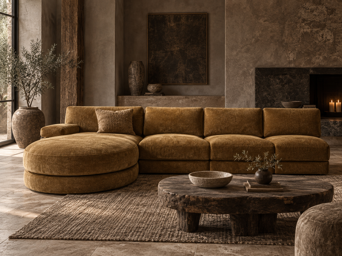 A large sectional sofa in a warm camel-brown bouclé fabric, styled in a rustic, earthy living room with a round ottoman, a rustic wooden coffee table, and a textured rug.