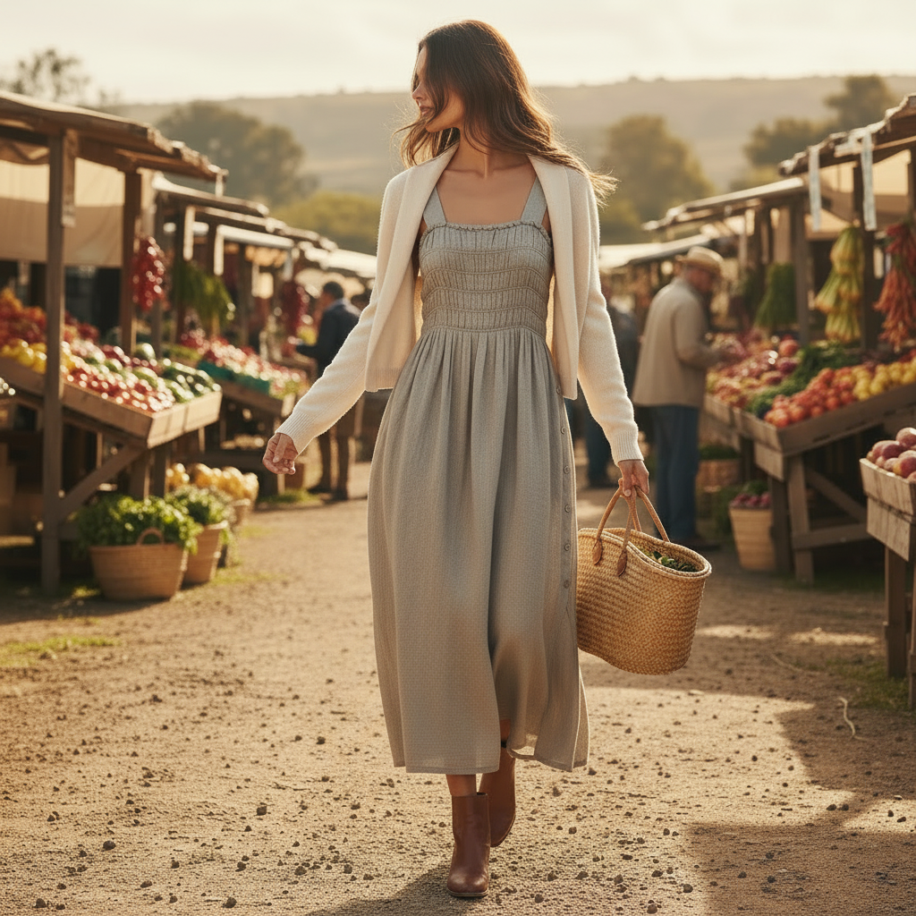 Italian Linen : Vestito Dress: Elastic Bodice | Oat Combo