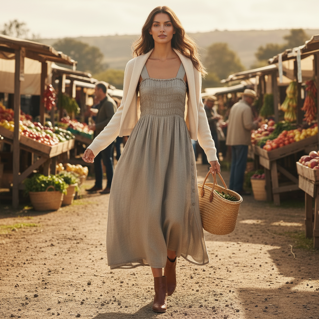 Italian Linen : Vestito Dress: Elastic Bodice | Oat Combo