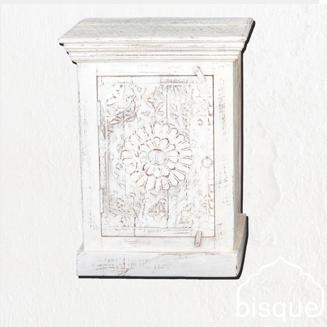 Magda : Indian Wooden Bedside Cabinet, Whitewashed Right Hand Opening