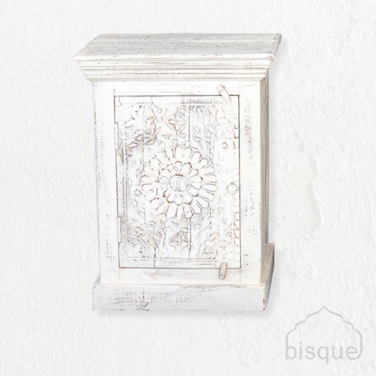 Magda : Indian Wooden Bedside Cabinet, Whitewashed Right Hand Opening