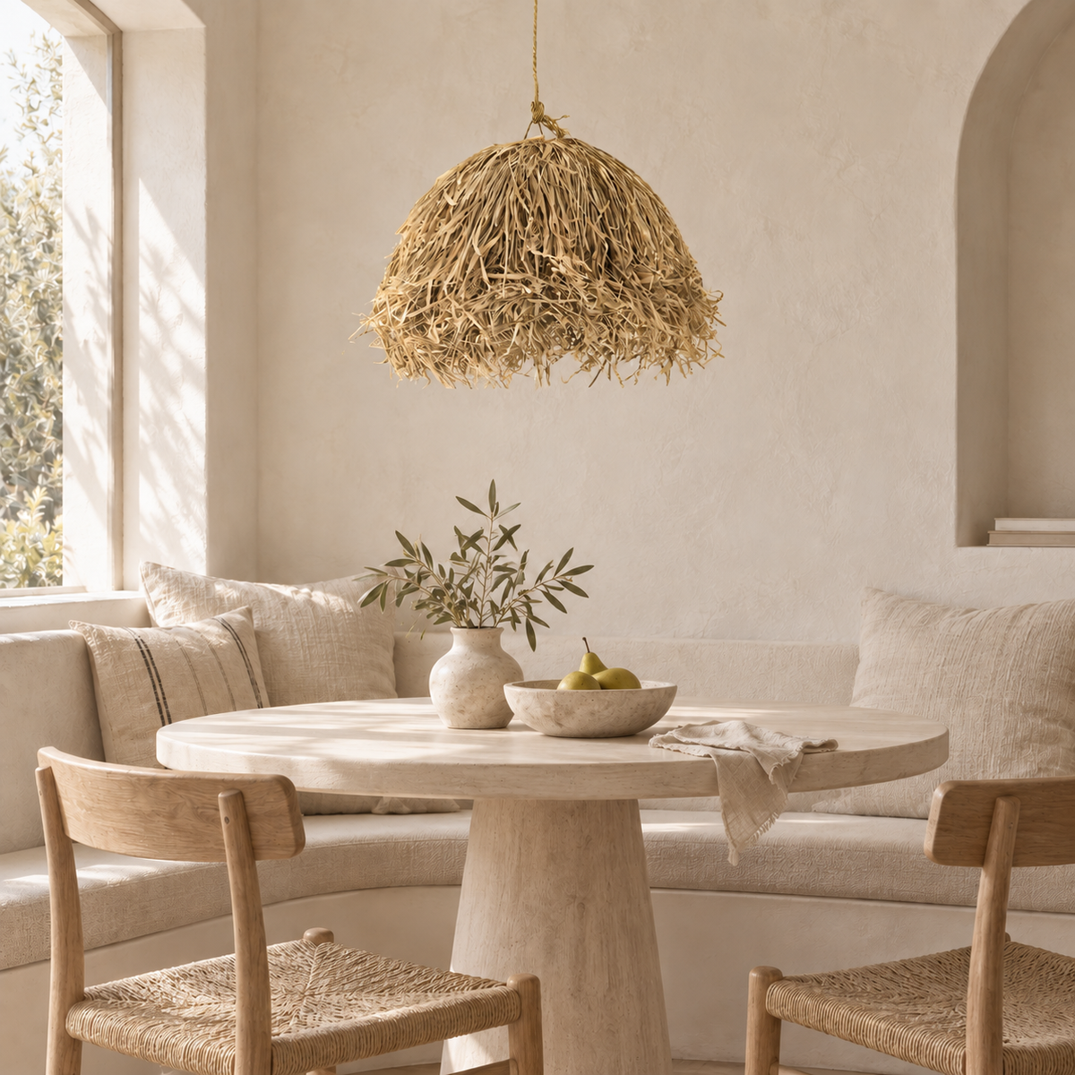 A boho-style woven pendant light made of natural straw hangs over a round dining table in a warm, neutral-toned dining room with a banquette, chairs, and a vase of greenery.