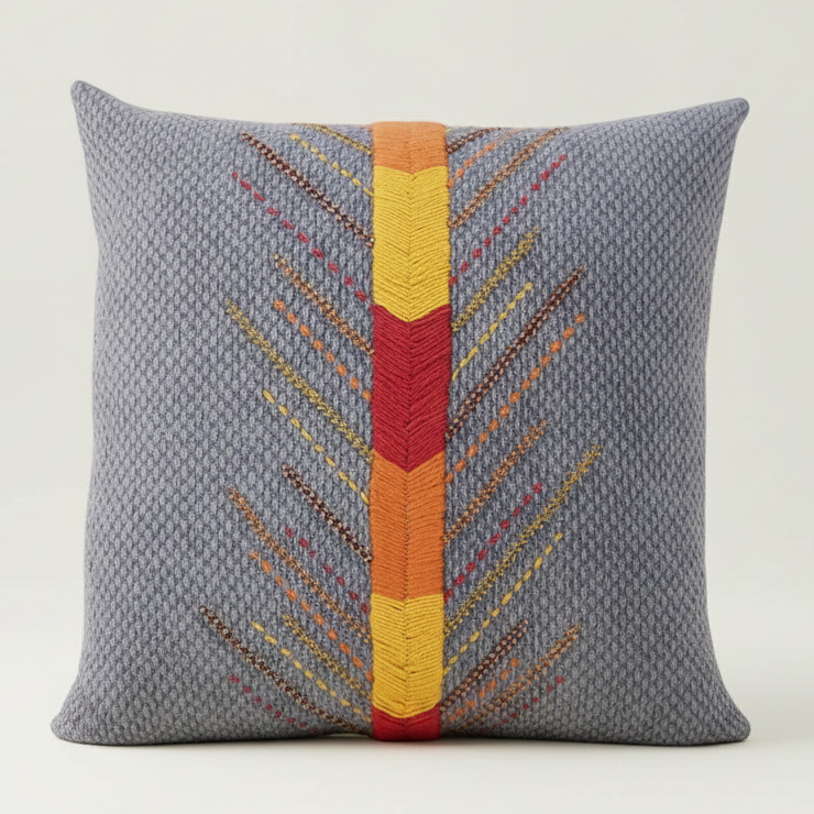 A square decorative throw pillow in textured gray fabric with a central vertical embroidered chevron pattern in yellow, orange, red, and brown, photographed against a light gray studio background.
