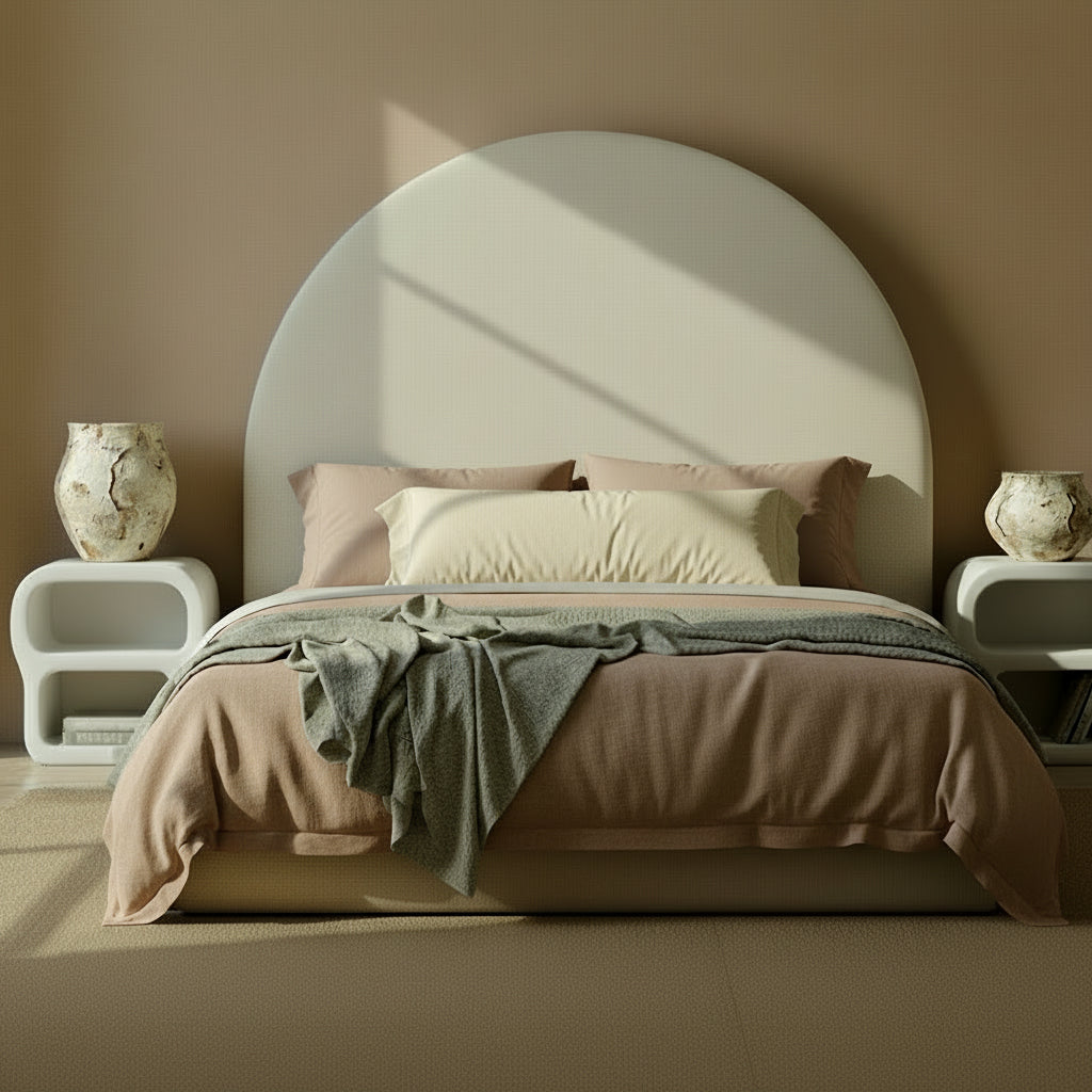 Bed with a round headboard in a room with two side tables and decorative vases.
