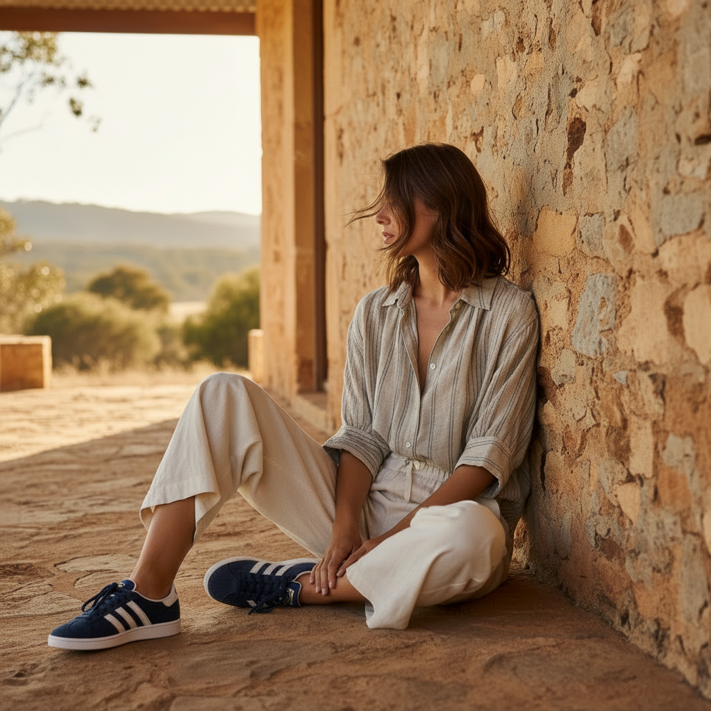 girl wearing an italian linen Adelaide striped shirt with linen pants.