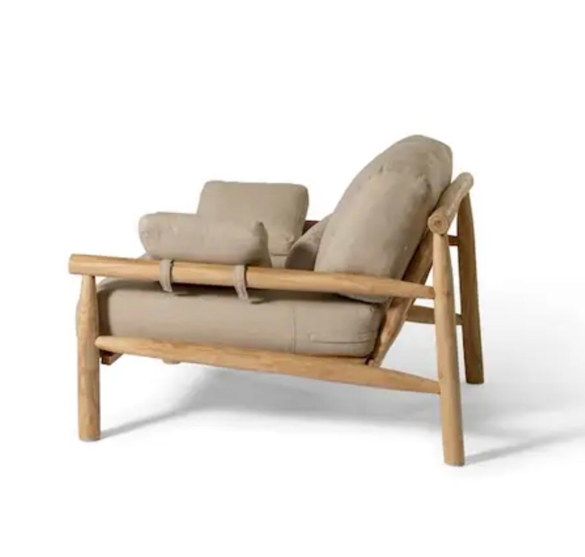 A modern taupe and teak outdoor lounge chair with a light natural wood frame and thick beige cushions, shown from a three-quarters angle on a white background.