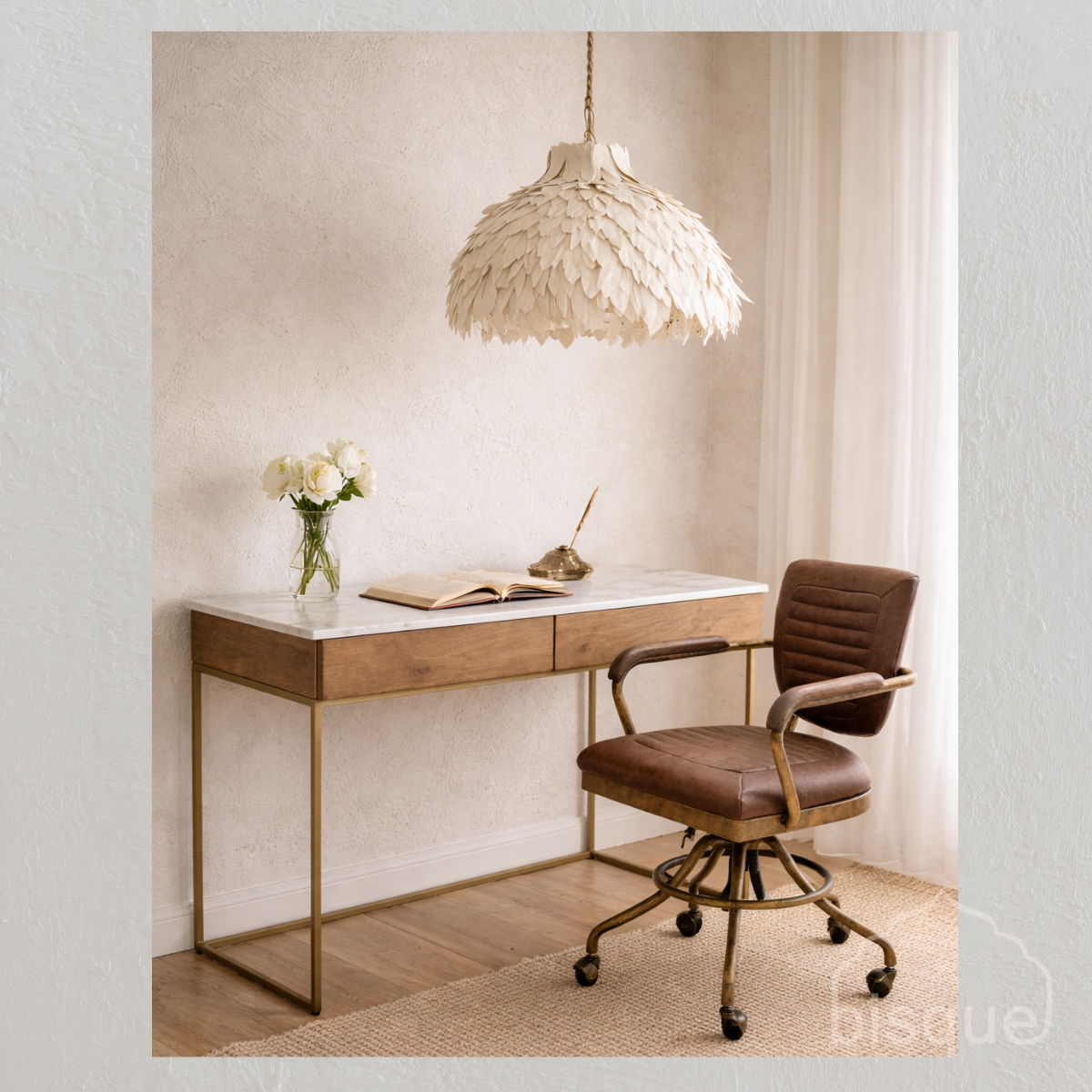 wooden and brass desk with marble top Bisque