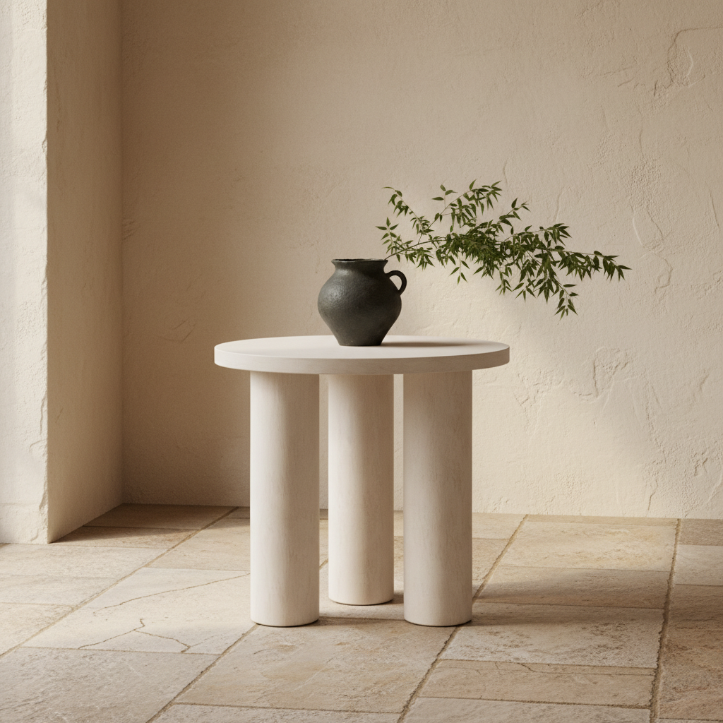 Round white table with three cylindrical legs on a warm wabi sabi background