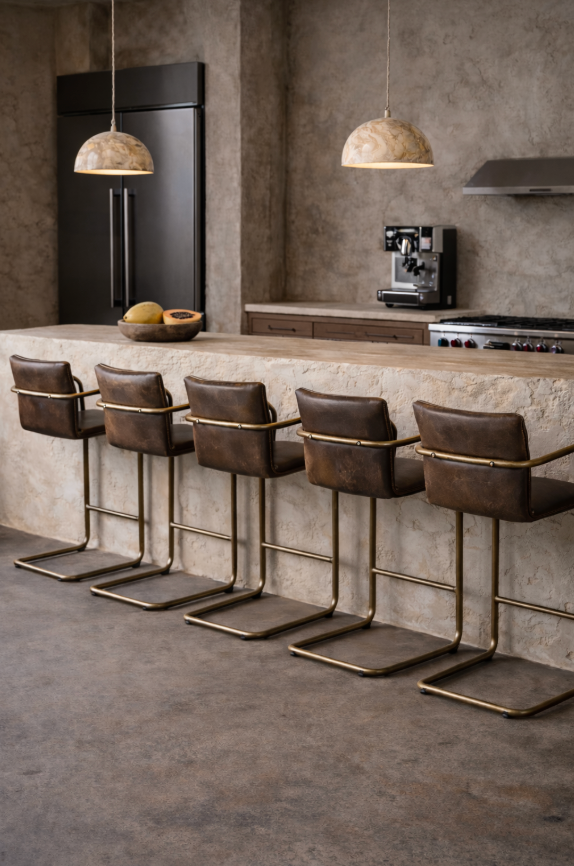 Alessia tan leather bronze frame barstool scene, Wabi Sabi, Bisque