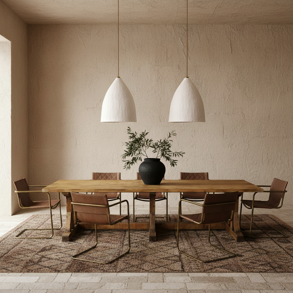 Wooden dining table with a chair and pendant light on a white background