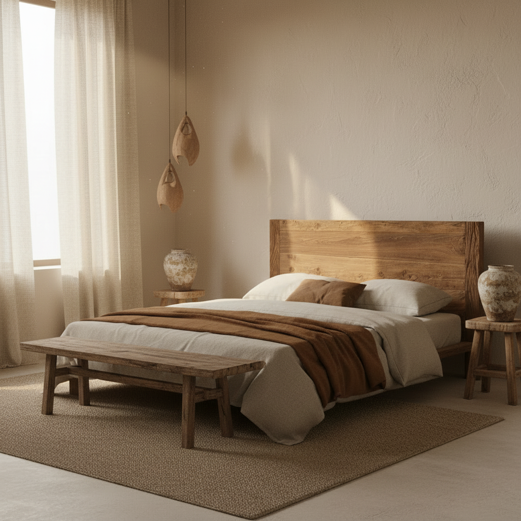 reclaimed wood bedhead in wabi sabi bedroom