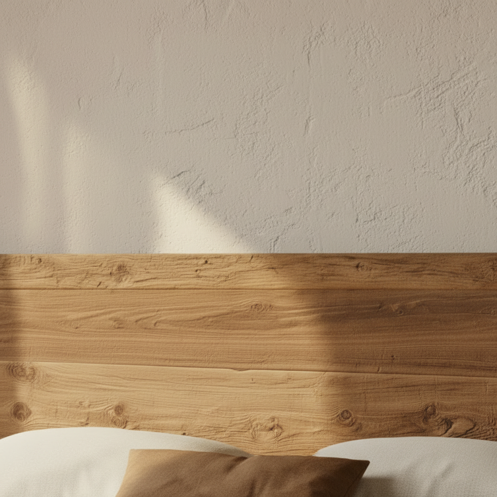 Bedroom with wooden bed and side tables, neutral color scheme