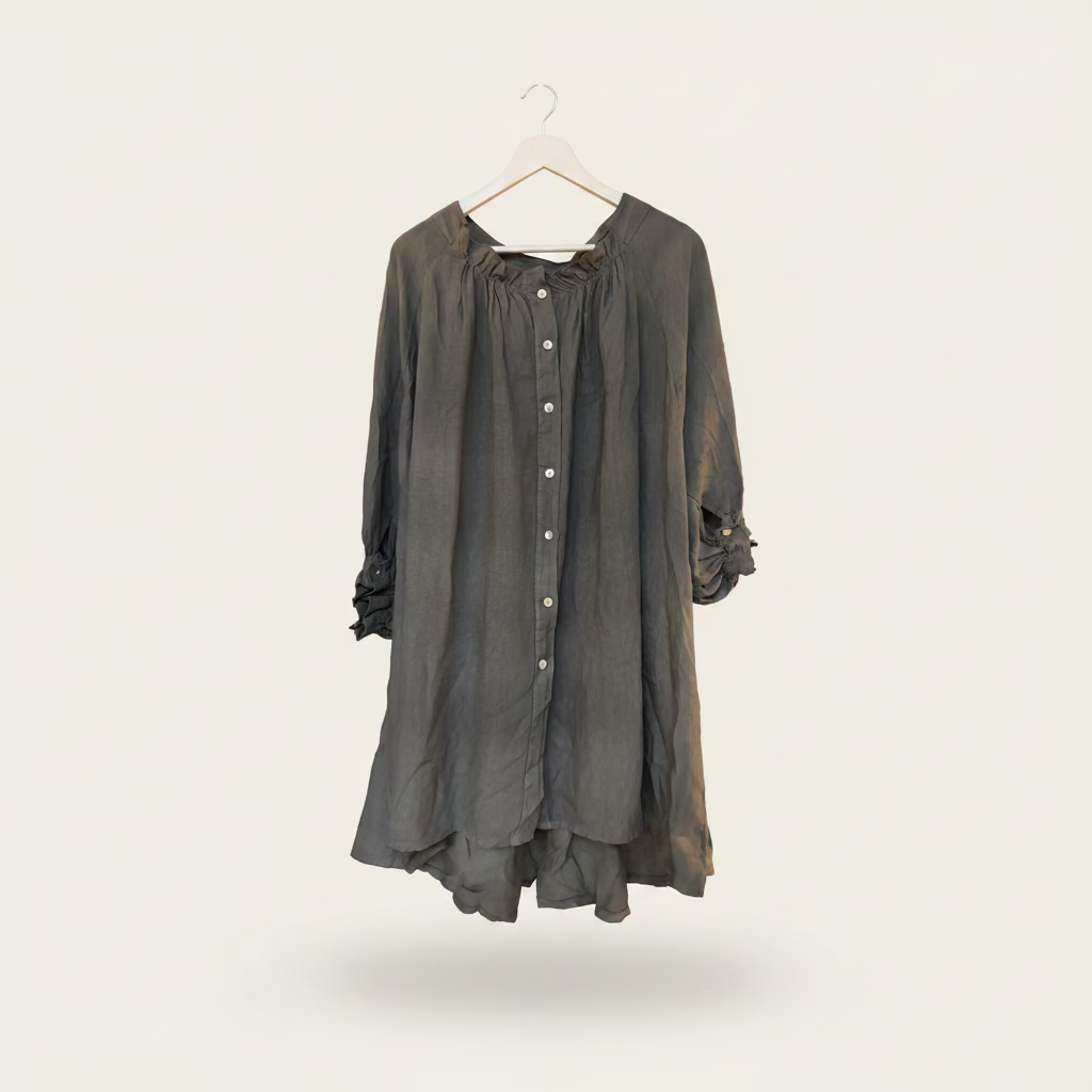 Anais Italian linen dress or top in taupe featuring a puff sleeve, frill neck and button down front.