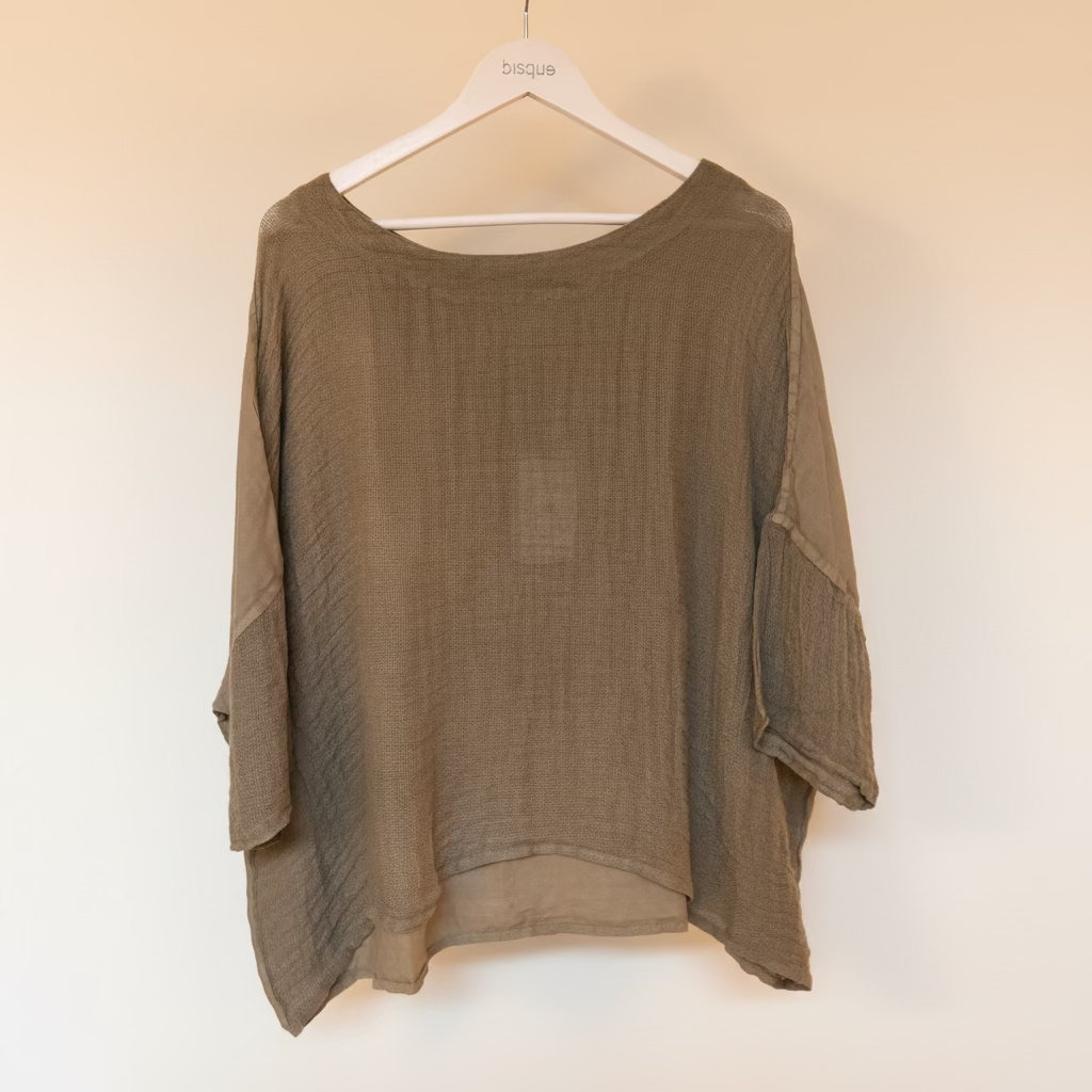 Anastasia italian linen taupe scoop neck top.