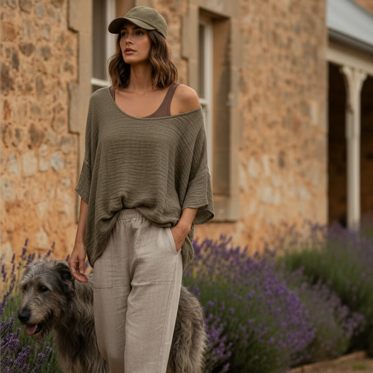 Italian Linen : Anastasia: Loose Top, One Size | Taupe