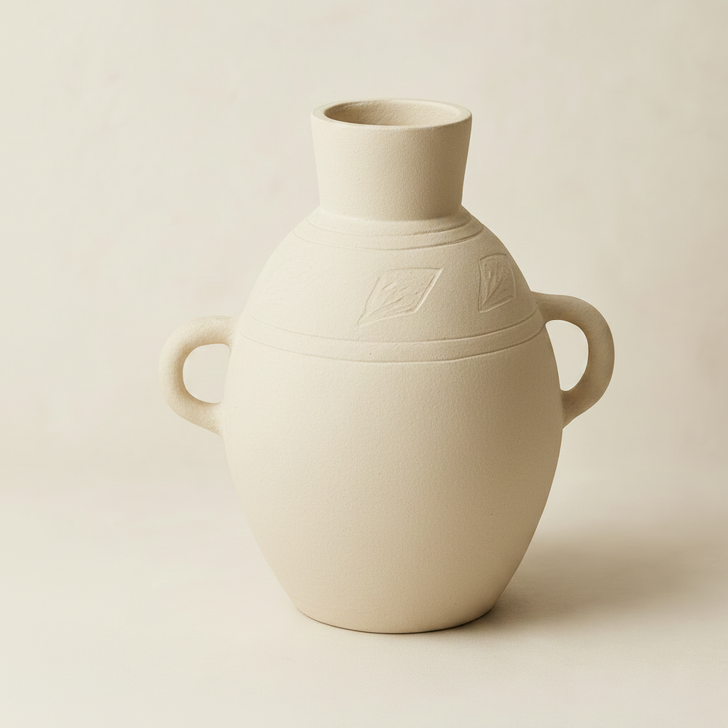 A textured ceramic vase with a short neck, two side handles, and subtle carved leaf patterns, shown on a warm beige background.