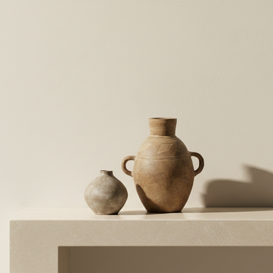 An ancient-style brown ceramic vase with a short neck, two loop handles, and a textured, weathered finish, shown against a neutral light beige background.