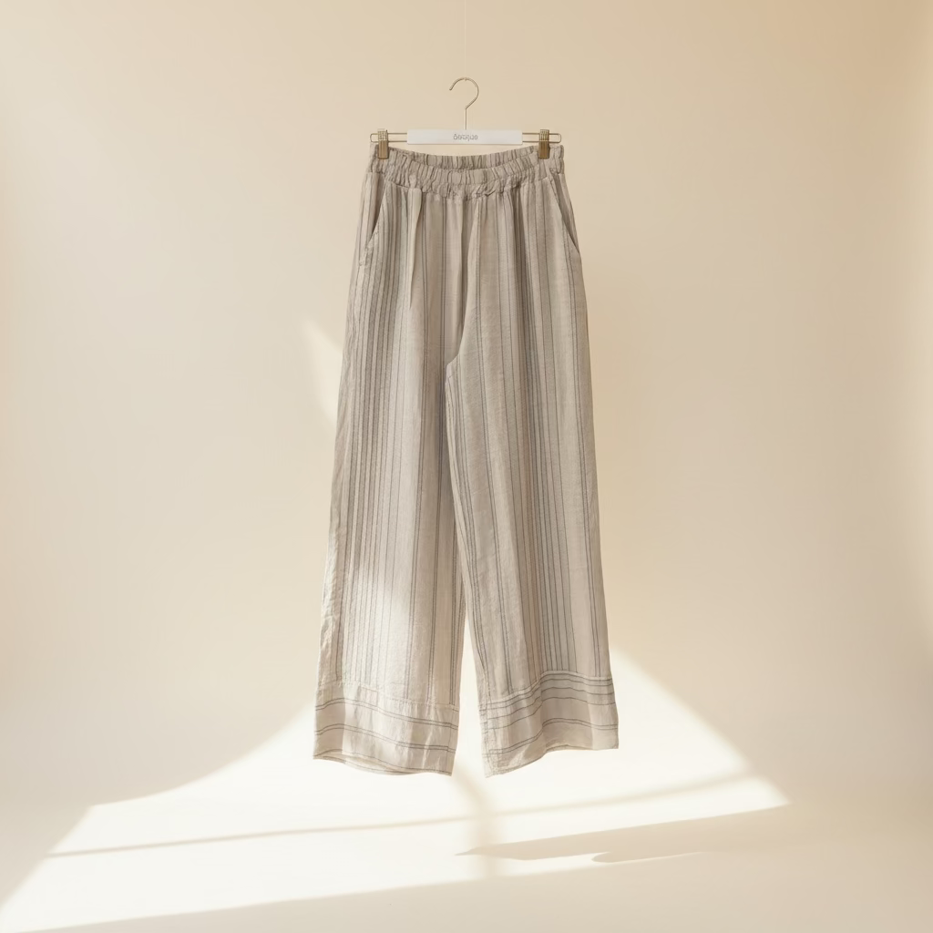 arabella italian linen loose fit elastic waist beige stripe long pants.