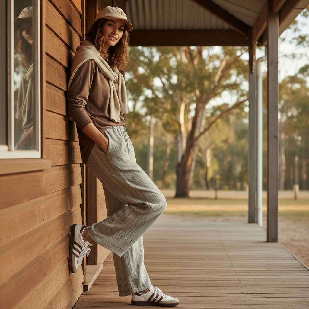Italian Linen : Arabella: Pants, L/XL | Beige Stripe