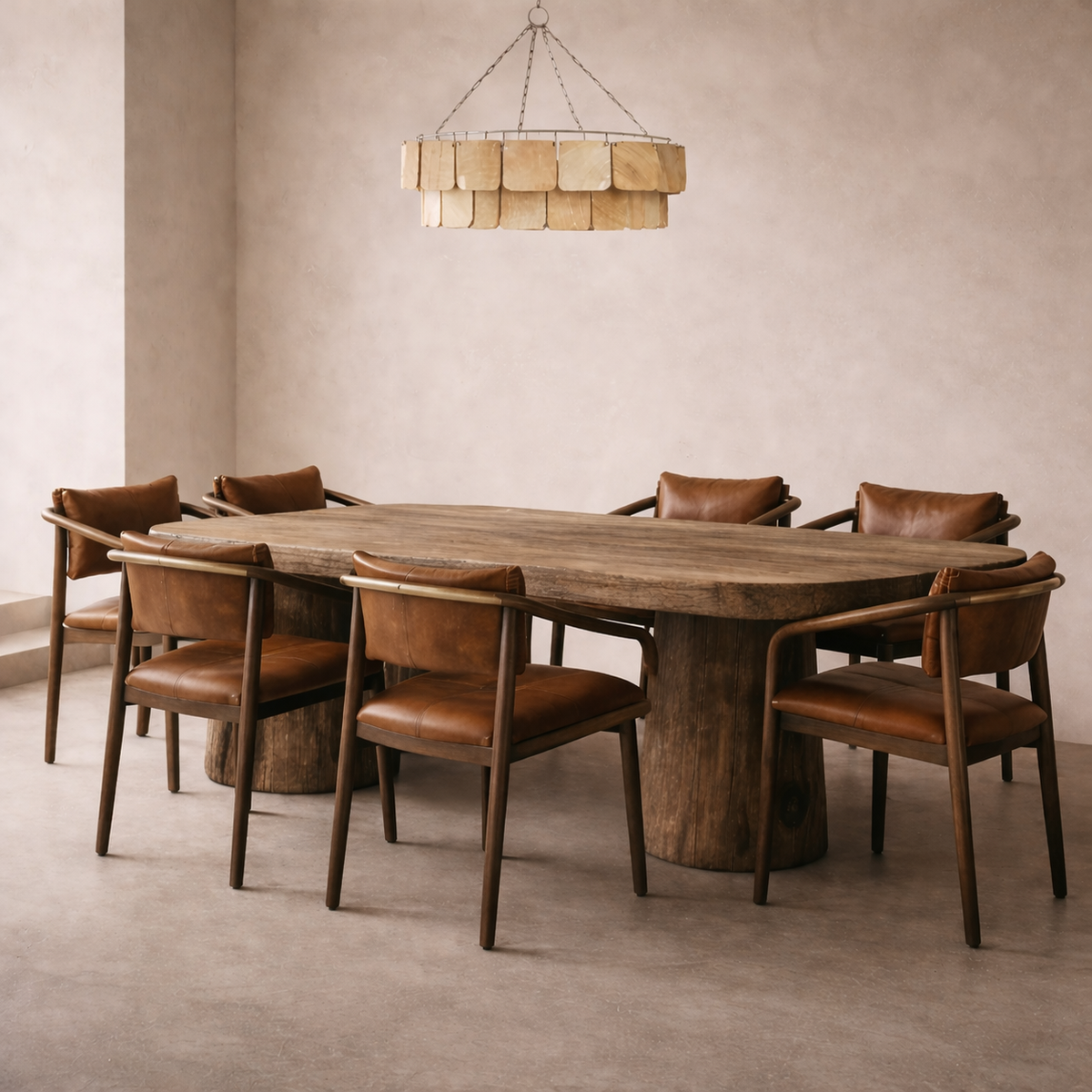 Dining room with reclaimed wood oval table and chairs under a modern chandelier.