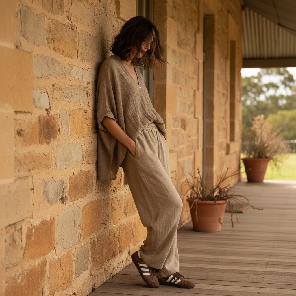 girl wearing an Italian Linen Brown poncho