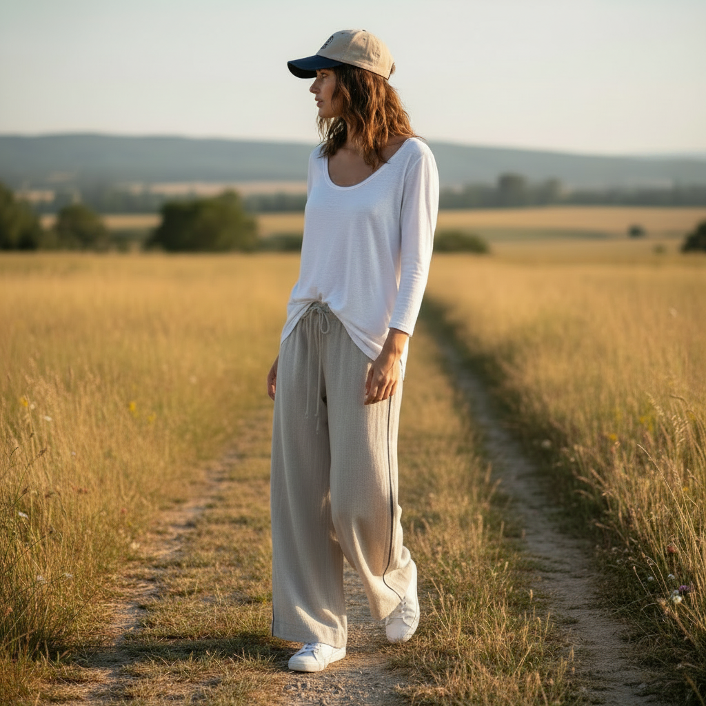girl wearing sand-coloured loose leg italian linen ariosa pants