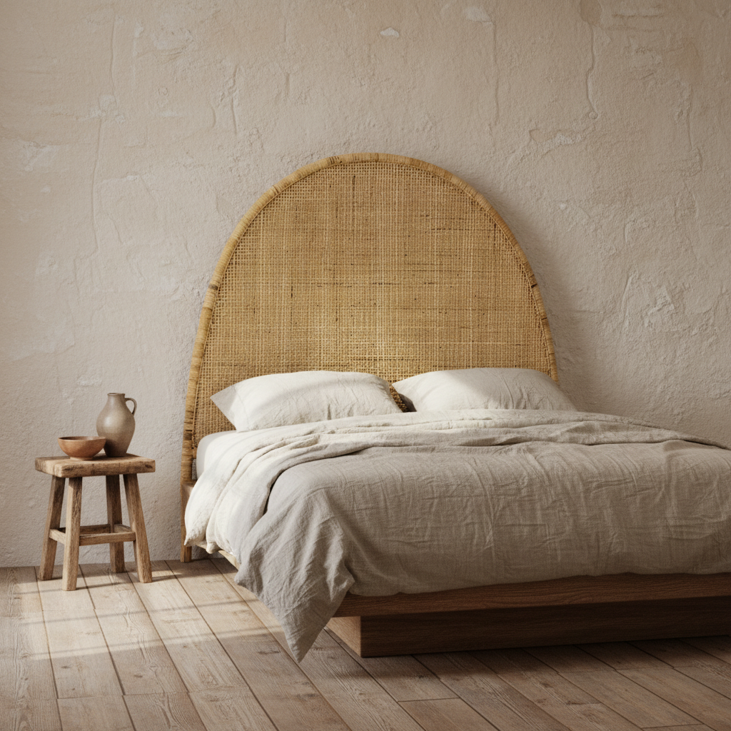 woven rattan bedhead in wabi sabi bedroom
