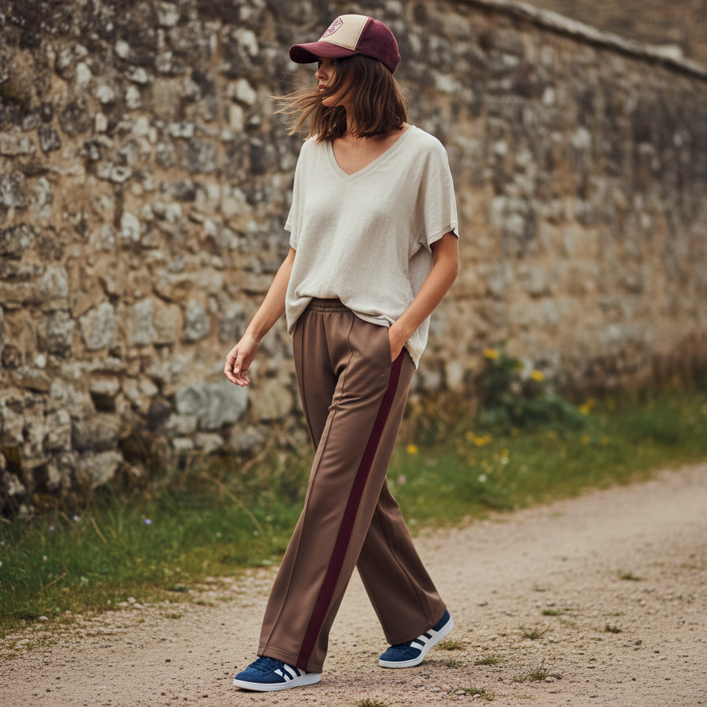 Lady in Italian Linen tshirt styled casually with brown pants, sneakers and cap