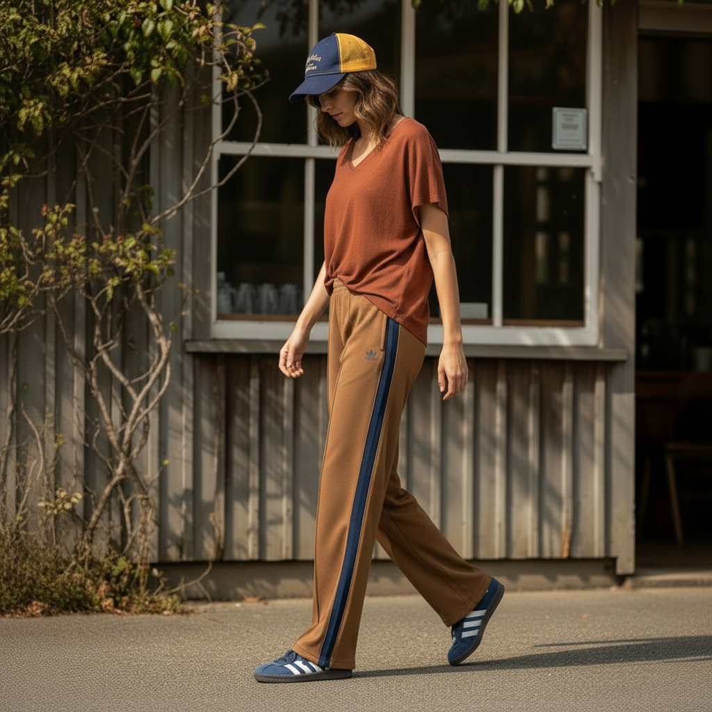 Lady wearing a warm brown 100% Italian linen armonia shirt and tan pants with blue stripes, walking outdoors.