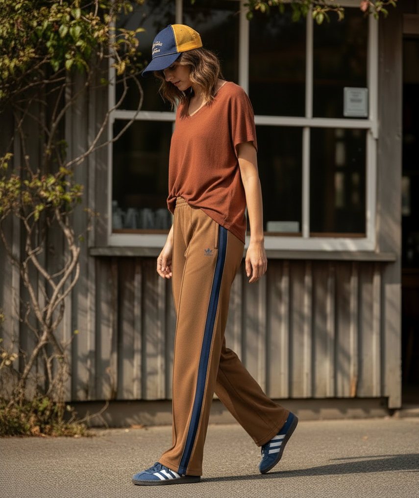 Person wearing a brown armonia shirt and tan pants with blue stripes, walking outdoors.
