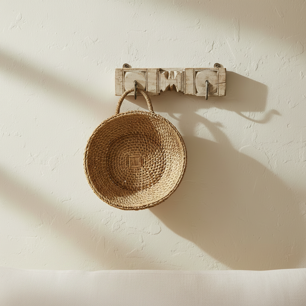 A rustic, weathered wooden wall-mounted metal hook on the front, shown against a plain off-white background.