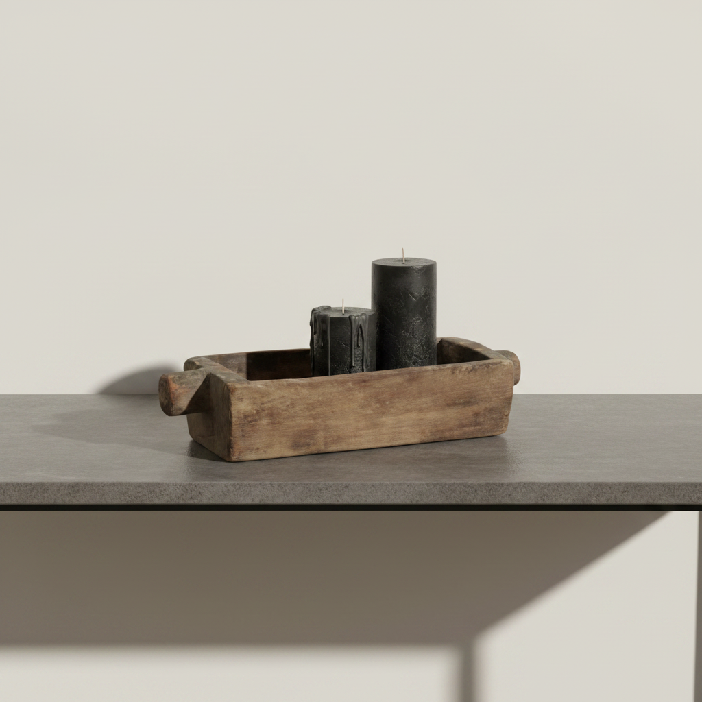 A rustic rectangular wooden box with a weathered, aged finish, shown on a plain light background.