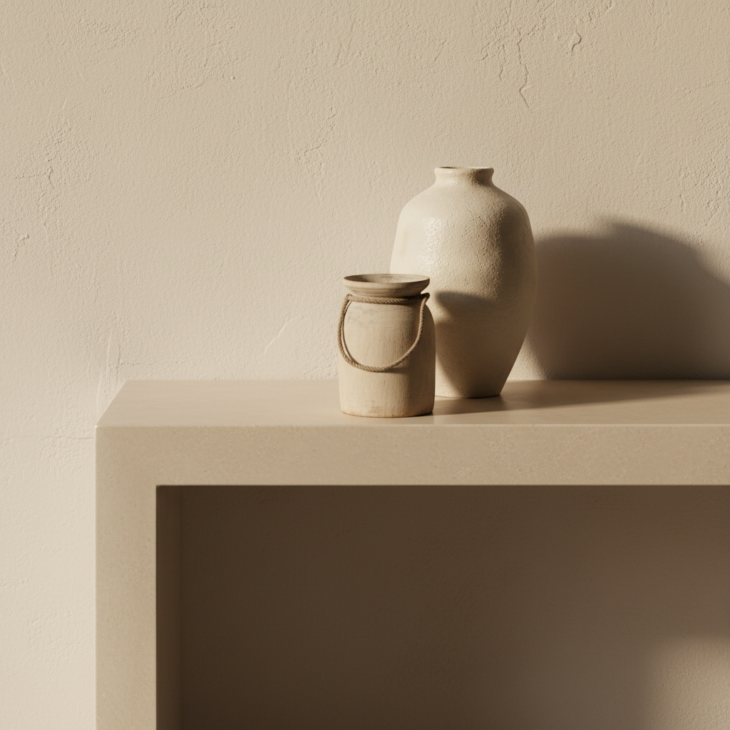 Two small rustic pots, one with rope handles, shown side by side on a plain light beige background.