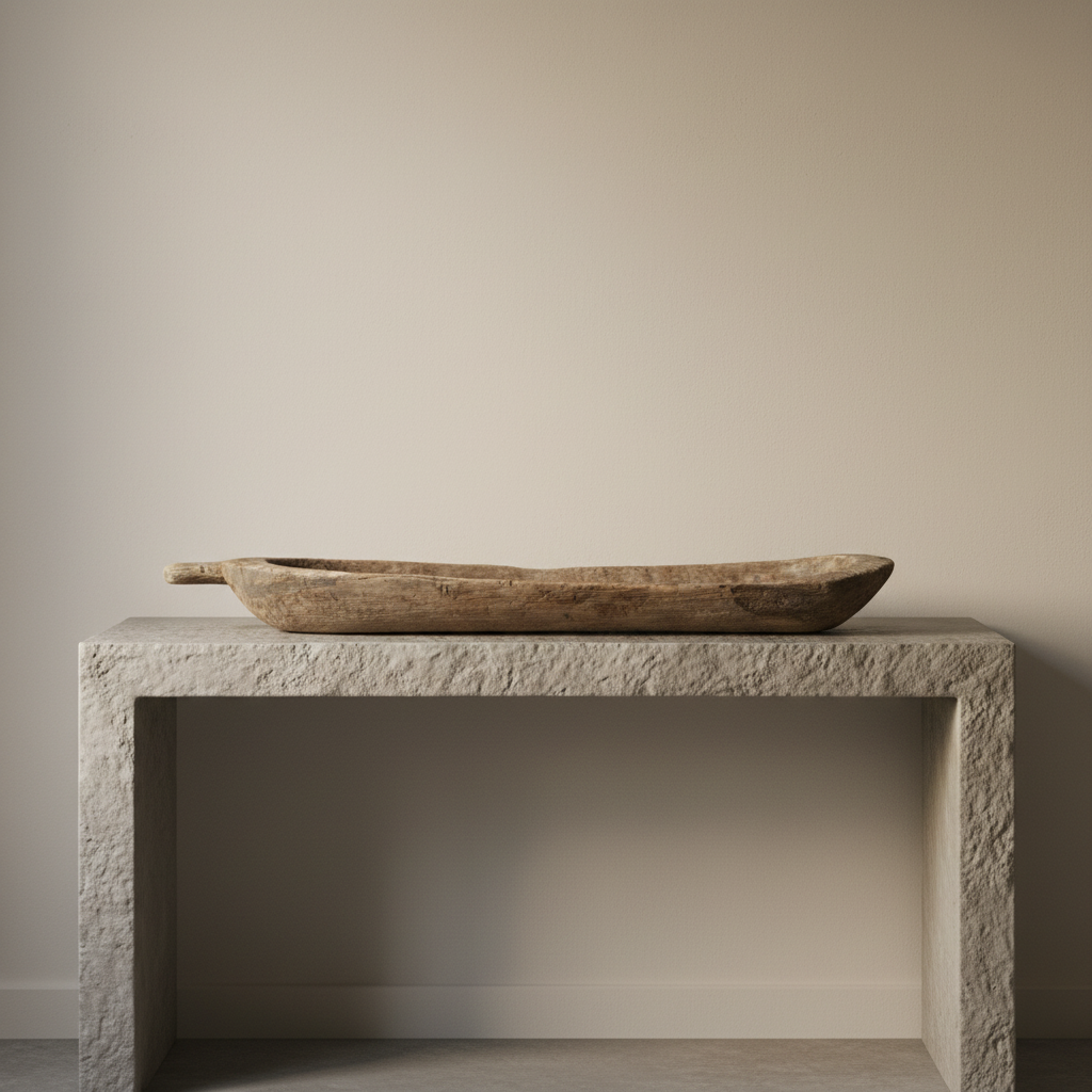 A rustic, hand-carved wooden bowl with a small handle on one end, shown against a plain off-white background.