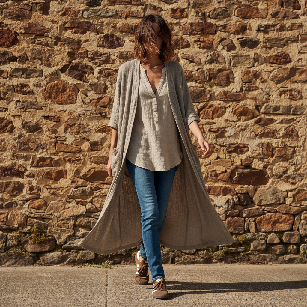Italian Linen : Audrey: Long One Size Cardigan/Kimono | Natural