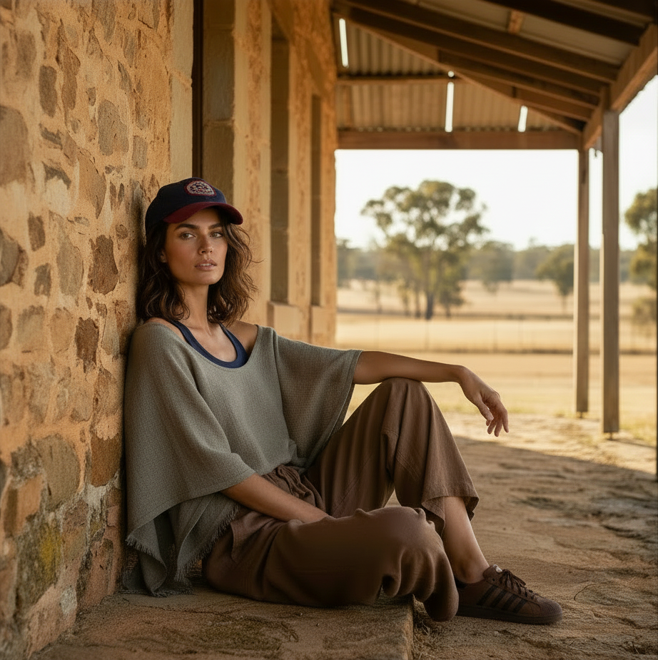 Woman wearing the italian linen ava poncho, sitting against a stone wall in a rustic outdoor setting