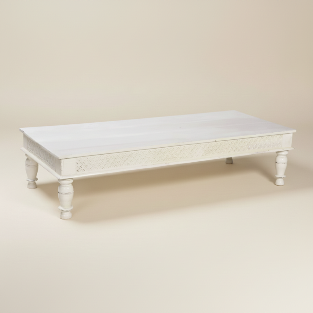 Ava Carved Indian Teak white coffee table,  eclectic, bisque, byron bay