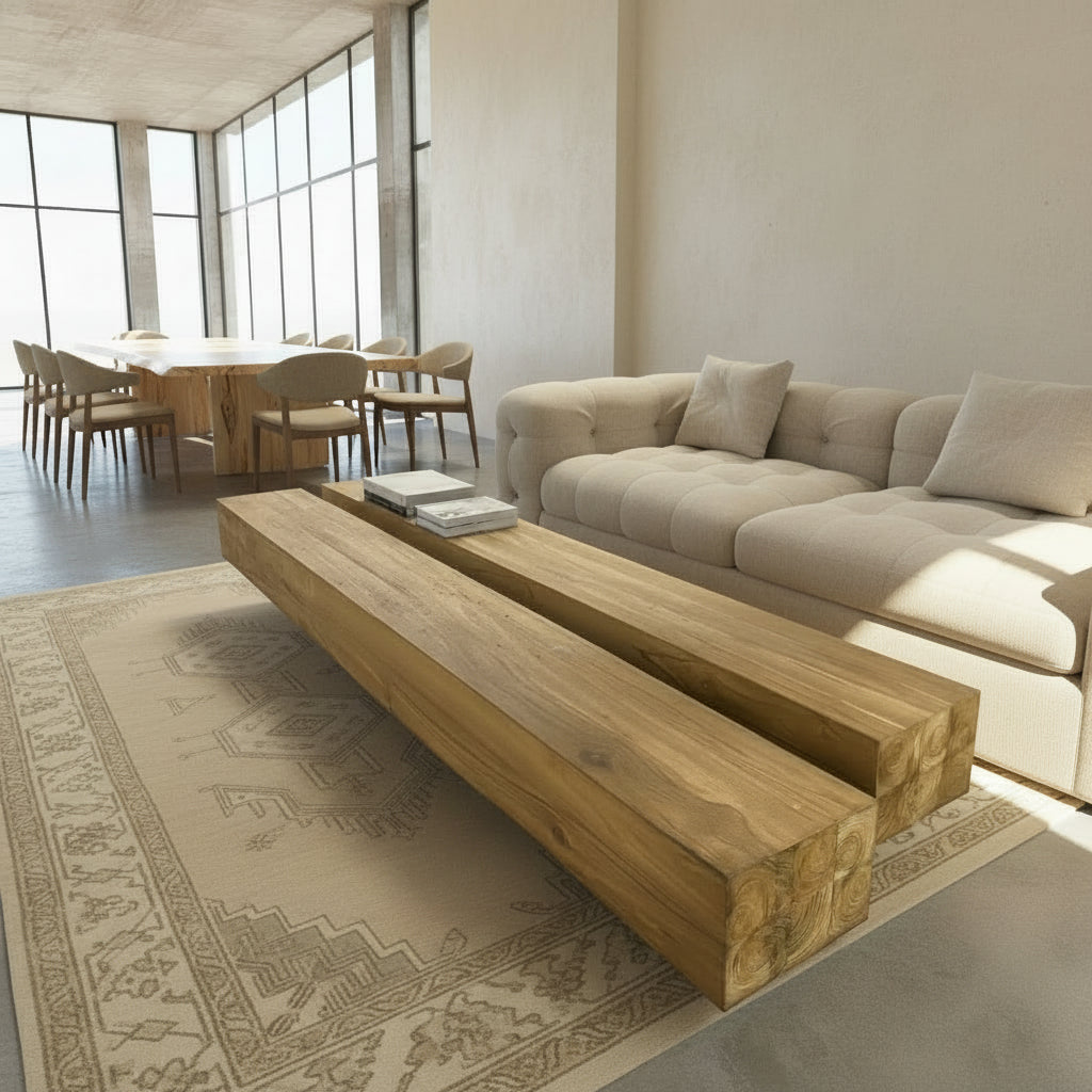 Long reclaimed teak wooden slab coffee table in a living room setting with a sofa and decor items.