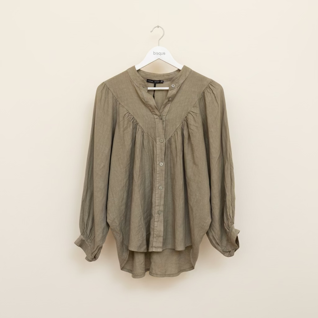 Azuro Italian linen top featuring puffed sleeve, mandarin collar, button through, khaki.
