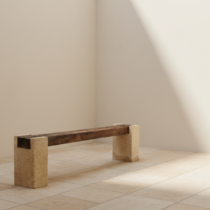 A stone and teak wood 180cm bench, The Badru.