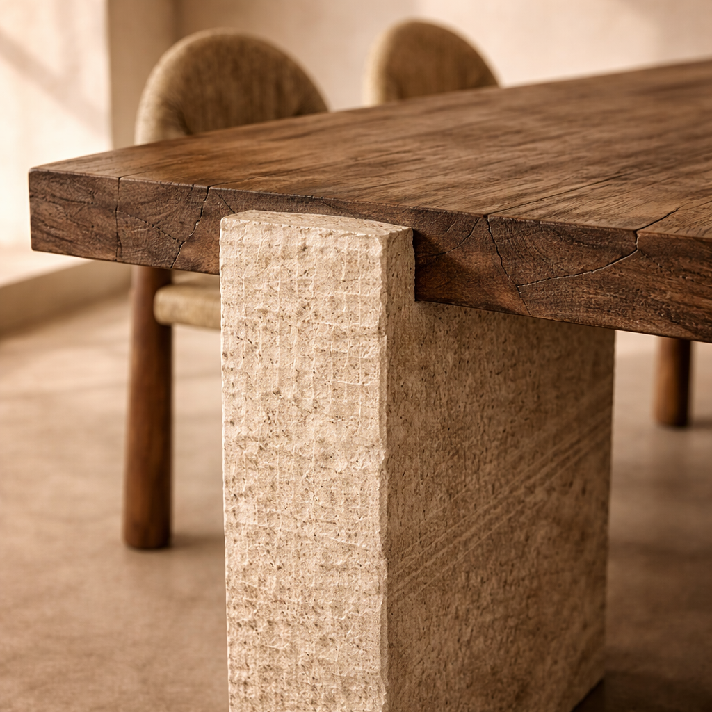 Wooden table with stone base in a warm-toned room